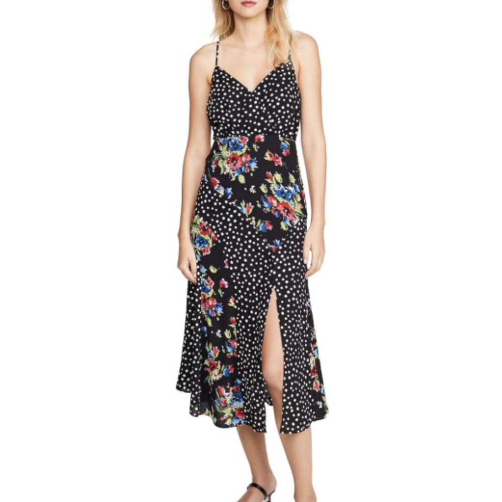 Likely Revolve Saige Sleeveless Midi Dress Size 0 Black Floral‎ Polka Dot Boho